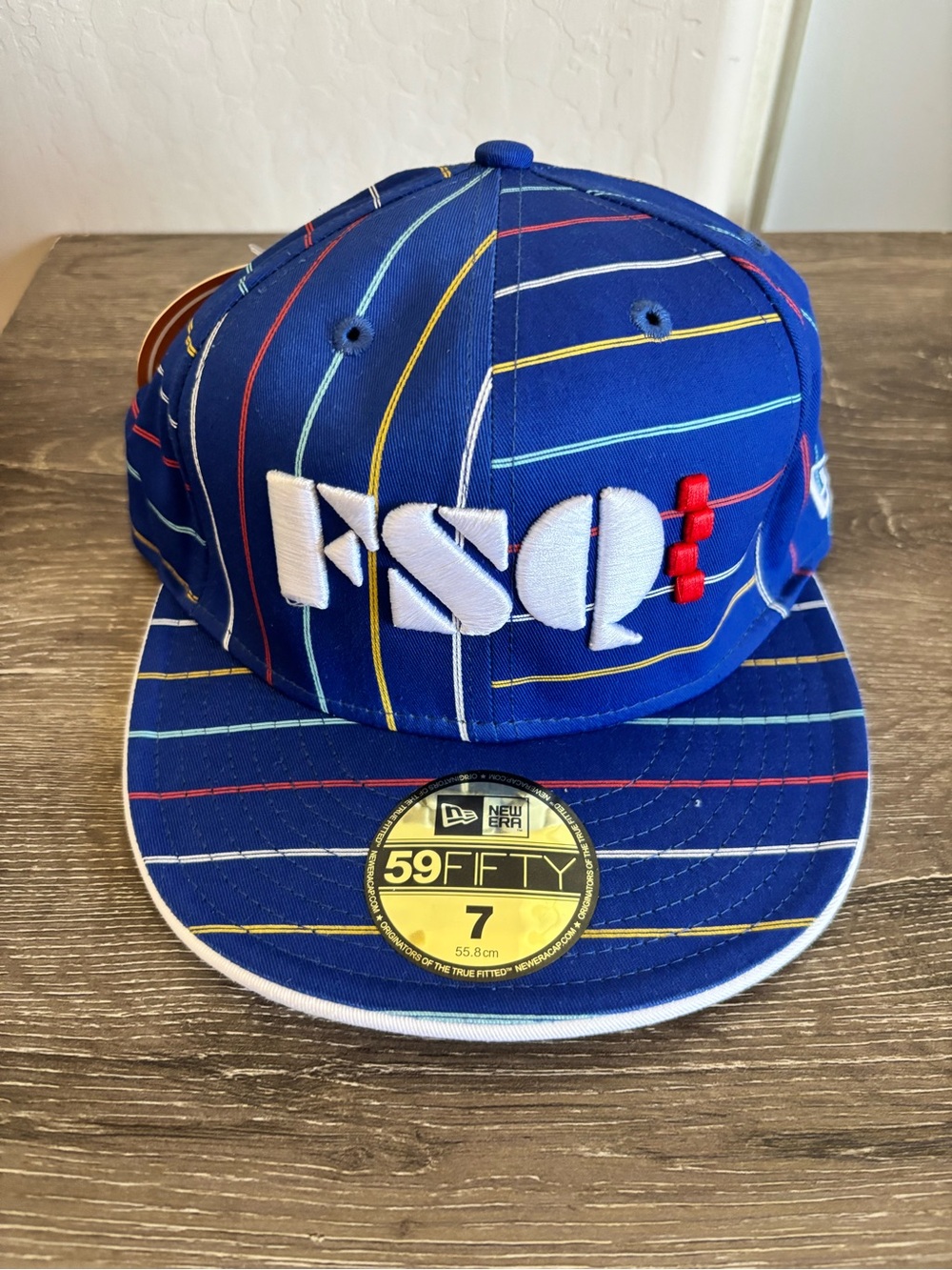 NWT New Era 59FIFTY PSQ Embroidered Stripe Blue Fitted Cap, Size 7